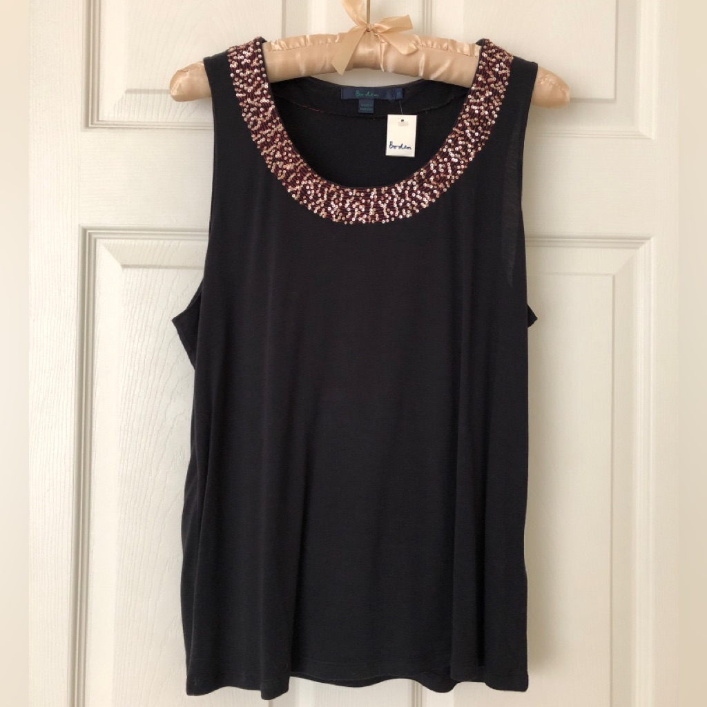 Nwt Boden Black Rayon Tank Top With Gold Sequined Border Size Uk16/Us12